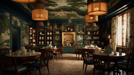A traditional tea room adorned with intricate calligraphy and hanging scrolls Generative AI - obrazy, fototapety, plakaty