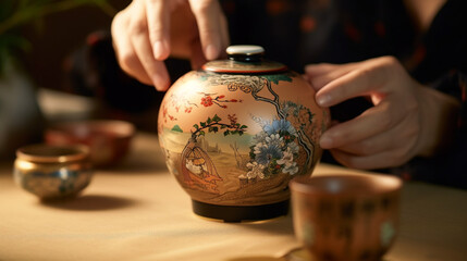 Fototapeta na wymiar A tea master carefully arranging tea leaves in a beautiful ceramic tea caddy Generative AI