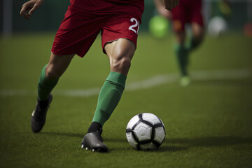 Obraz premium Football Player Dribbling Soccer Ball in the Stadium Created with Generative AI Technology