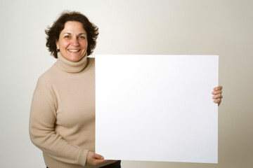 Mature woman holding a white sheet of paper on a gray background