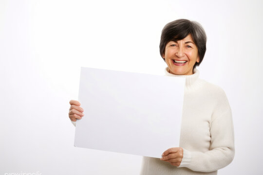 Smiling senior woman holding a blank sheet of paper on white background