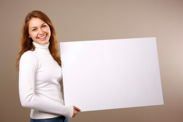 Naklejka premium Portrait of a beautiful young woman holding a white sheet of paper