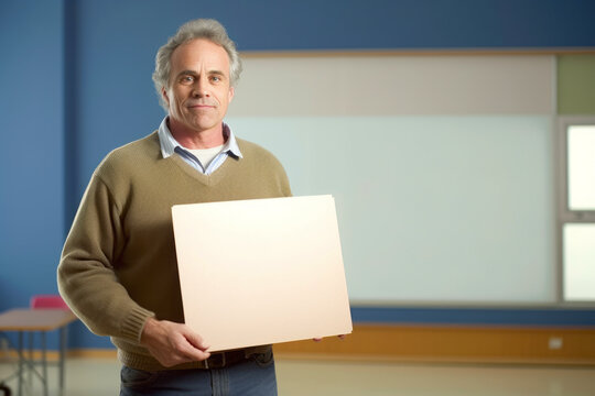 Portrait of mature teacher holding blank sheet of paper in classroom.