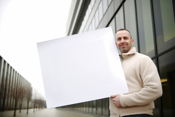 Portrait of man holding blank sheet of paper in front of building