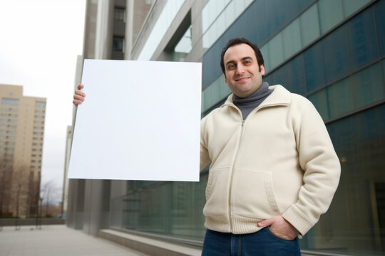 Young man holding a blank sheet of paper in front of an office building
