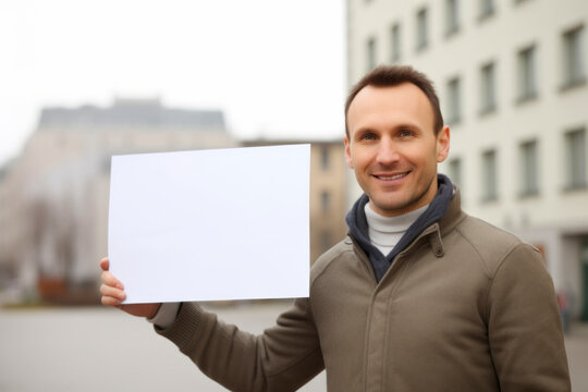 picture of handsome man with blank sheet of paper in his hands outdoors