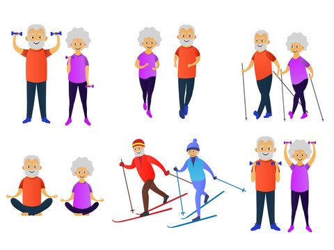 Happy elderly man and woman goes in for sports set. Skiing, dumbbell exercises, running, yoga, nordic walking. Elderly people active lifestyle. Illustration on transparent background