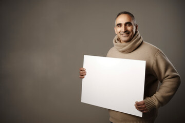 Handsome man in warm sweater holding blank white sheet of paper