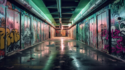 Fototapeta premium Ein verlassener Untergrundtunnel erwacht durch farbenfrohe Graffiti-Kunstwerke zum Leben, während künstliches Licht die Szene erhellt