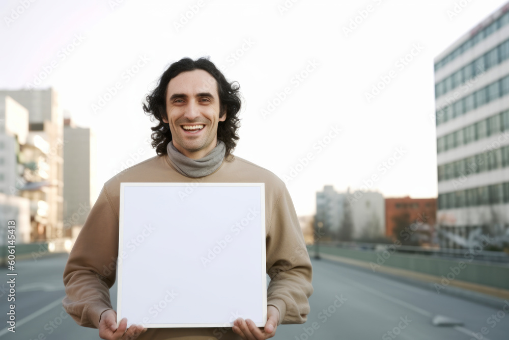 Sticker Portrait of a young man holding a blank whiteboard on the street