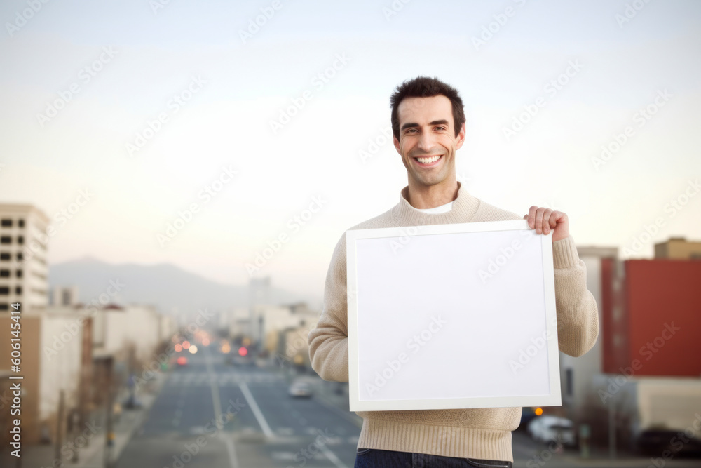 Sticker Young man holding a blank white board on the background of the city