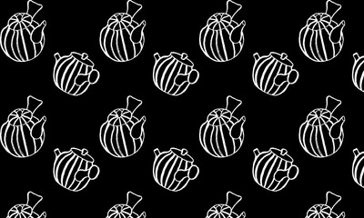 Vector pattern from teapots. China, Japan, oriental tea ceremony, tradition. Product packaging, paper, wallpaper, fabric, gift wrapping, clothing. White on black. Eps10