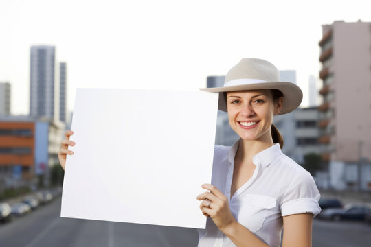 Young woman in hat holding white sheet of paper. Place for text