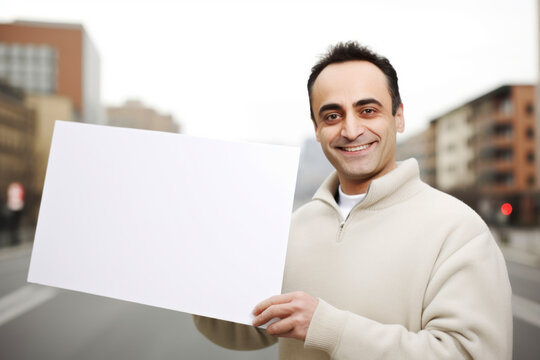 Portrait of a young man holding a blank sheet of paper outdoors