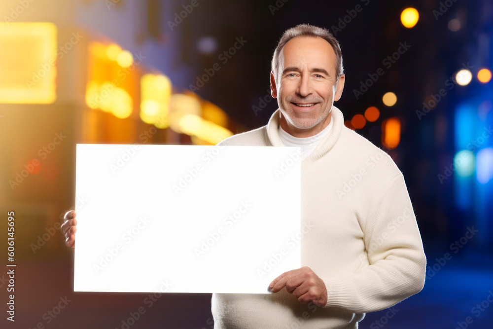 Sticker smiling senior man with white blank banner over night city street background