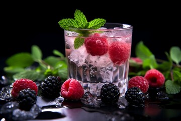 Summer refreshing drink on a black background. Berry mojito, lemonade. Raspberry, blackberry, mint, lime, and ice.