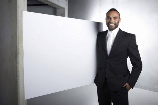 Portrait of a happy African American businessman standing in an empty room and smiling at the camera