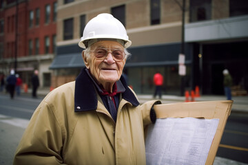 Senior woman construction worker holding a blueprint and looking at the camera.