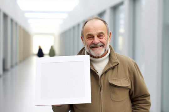 Portrait of senior man holding a white sheet of paper in the corridor