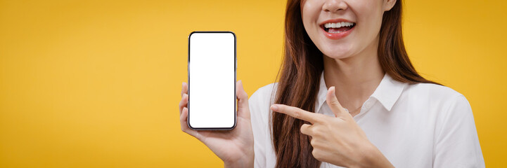 Asian woman with empty white screen  smart phone isolated on white background.