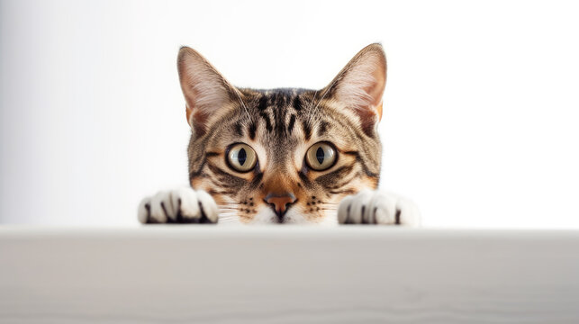 portrait of a peeking cat head. Funny cat peeking out. Copy Space. Generative AI