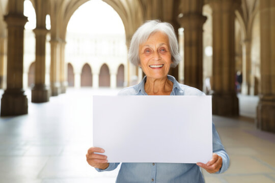 Medium Shot Portrait Photography Of A Cheerful Woman In Her 60s Holding An Empty White Blank Sign Poster Wearing A Casual T-shirt Against A Stained Glass Or Cathedral Background