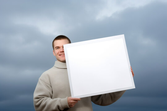 Young man holding a white blank sheet of paper on the background of stormy sky