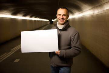 Portrait of a happy man holding a blank white sign in a tunnel