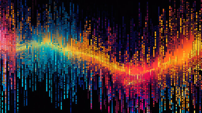An artistic representation of binary code flowing and intertwining with colorful abstract shapes, illustrating the fusion of data and creativity in AI systems - Generative AI