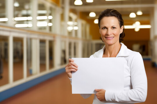 Portrait of mature businesswoman holding a blank sheet of paper in office