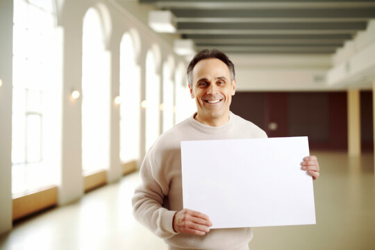 Portrait of smiling mature man holding blank sheet of paper in corridor