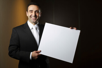 Portrait of a smiling business man holding a blank sheet of paper