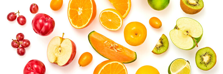Naklejka na ściany i meble Row orange flying in air cutout minimal. Ripe fresh juicy layout isolated on white. Health fruity vitamin composition. Tropical mix orange, apples fashionable layout.