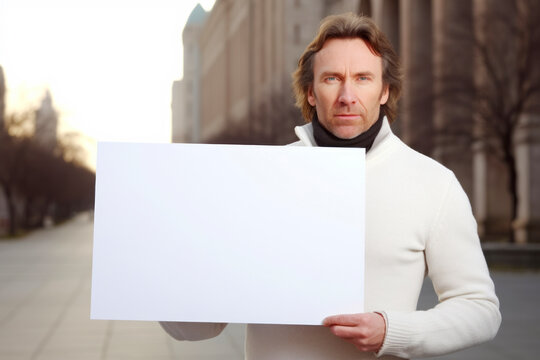 Portrait of a man holding a blank sheet of paper in the city