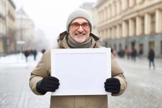 Portrait of a senior man holding a white board in the city