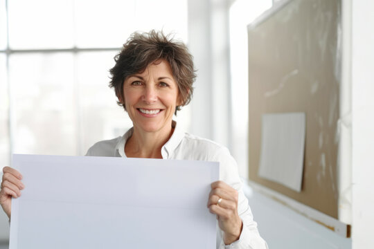 Closeup portrait of a happy mature businesswoman holding a sheet of paper