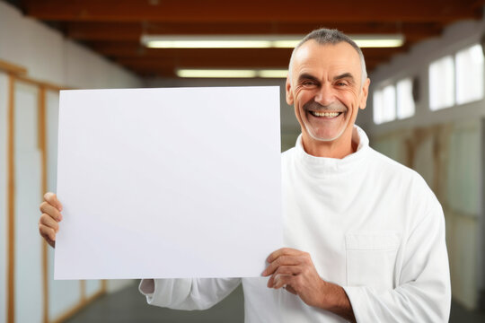Portrait of smiling mature man holding blank sheet of paper at home