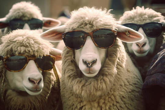 Eine humorvolle Herde Schafe posiert l&auml;ssig mit Sonnenbrillen auf der Weide. Ein ungew&ouml;hnlicher Moment voller Spa&szlig; und Modebewusstsein.