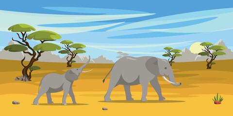 Vector illustration of African landscape. Cartoon scene of a summer desert landscape with an elephant and a baby elephant, a kangaroo with a baby kangaroo, trees, rocks, sand, a river and grass.