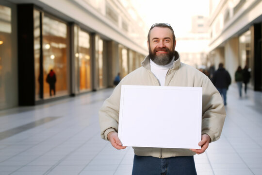 Portrait of a middle-aged man holding a white sheet of paper in the shopping center