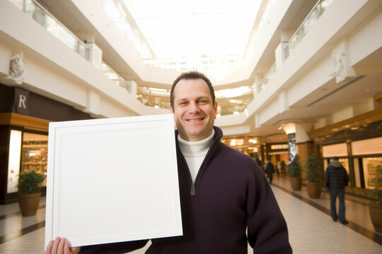 Portrait of a smiling man holding a white frame in a shopping center