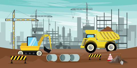 Vector illustration of construction. Cartoon scene of construction site with lifting crane, excavator, dump truck, shovels, signs of construction work, silhouette foundation of future house.