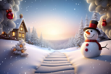 Obraz premium Happy Snowman Banner. Merry Christmas, Happy New Year greeting card, background. Copy space. Generative AI