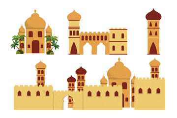 Set of beautiful Islamic architecture in cartoon style. Vector illustration of various Islamic buildings: mosques, castles, towers with green palm trees isolated on white background.