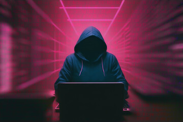 Hooded hacker with a laptop on the background of binary code. Cyberpunk lighting. Generative AI - obrazy, fototapety, plakaty