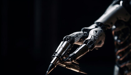 Fototapeta premium Metallic cyborg arm, futuristic technology innovation concept generated by AI