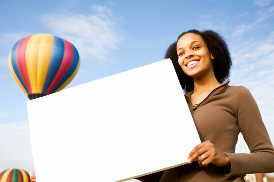 Happy African American Woman With White Blank Billboard Over Blue Sky