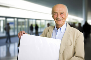 Fototapeta premium Portrait of happy senior man holding blank sheet of paper in office