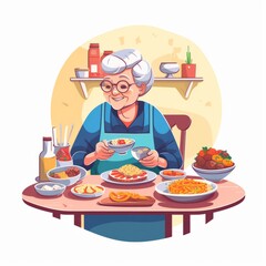grandmother with foods person working on laptop with Generative AI technology
