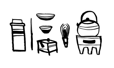 Vector set of utensils and items for the Japanese tea ceremony. Teapot, cup, matcha. Calligraphy, ink, brush, hand drawing. Black on white. Eps10